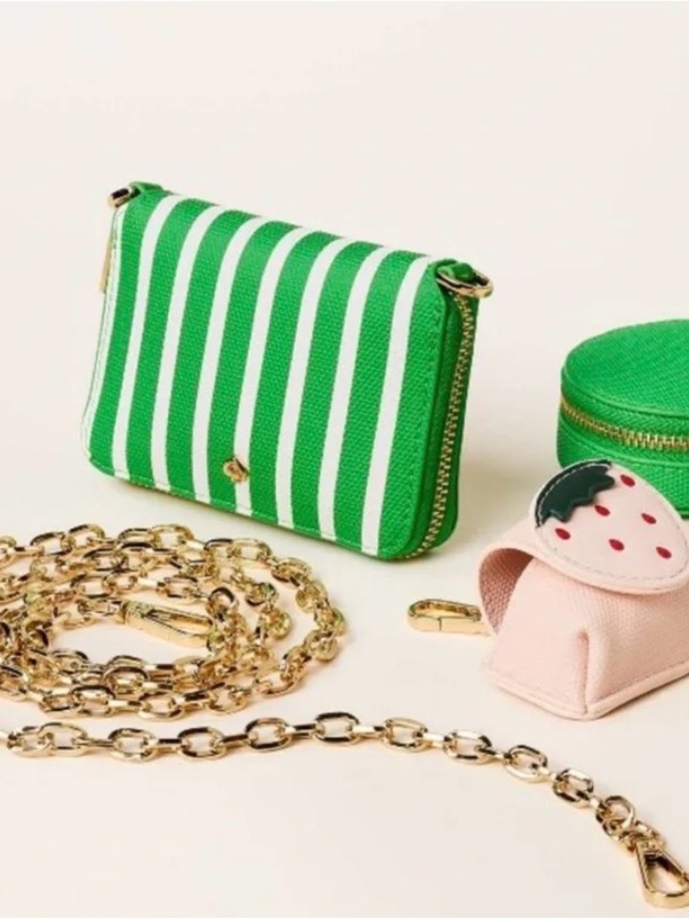 Kate Spade x Target Green and White Striped Card Holder with Gold Chain
